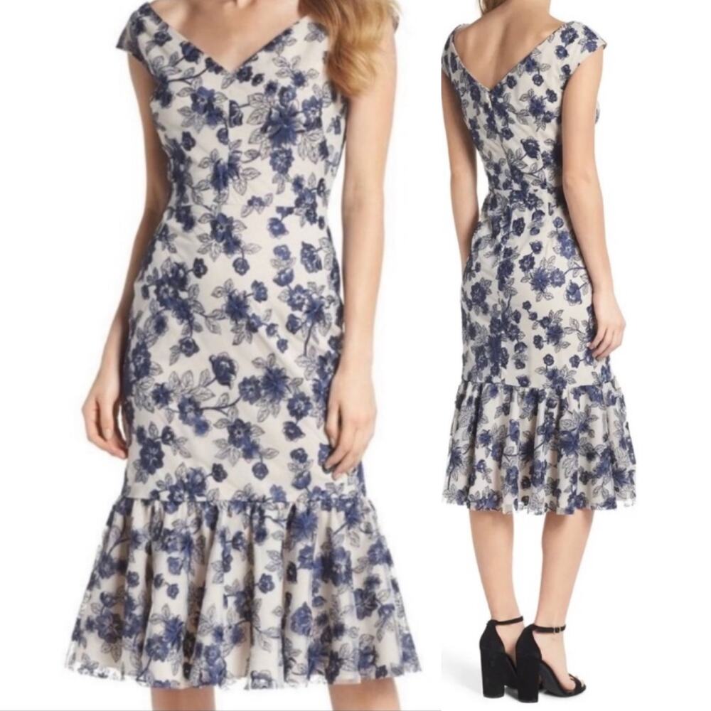 Gal Meets Glam Rosemary Embroidered Floral Midi Dress Navy Beige NEW Womens 12